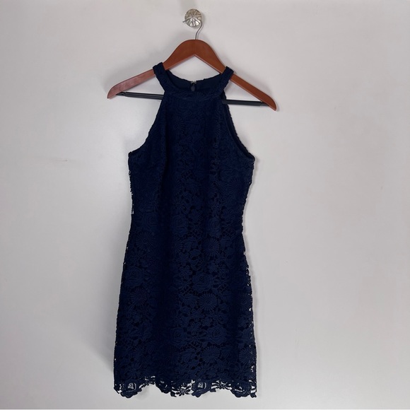 LULU’S LOVE POEM NAVY BLUE LACE MINI DRESS Small - Picture 4 of 16